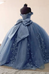 Daisy | Dusty Blue Quinceanera Dresses with Flowers - Elegant Off the Shoulder Gown for Special Occasions - Dusty Blue - PromDressClub